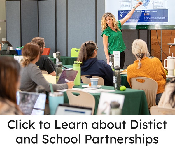 Thumbnail image of director Jodi Amaditz presenting to a room of participants with the text "click to learn about district and school partnerships"