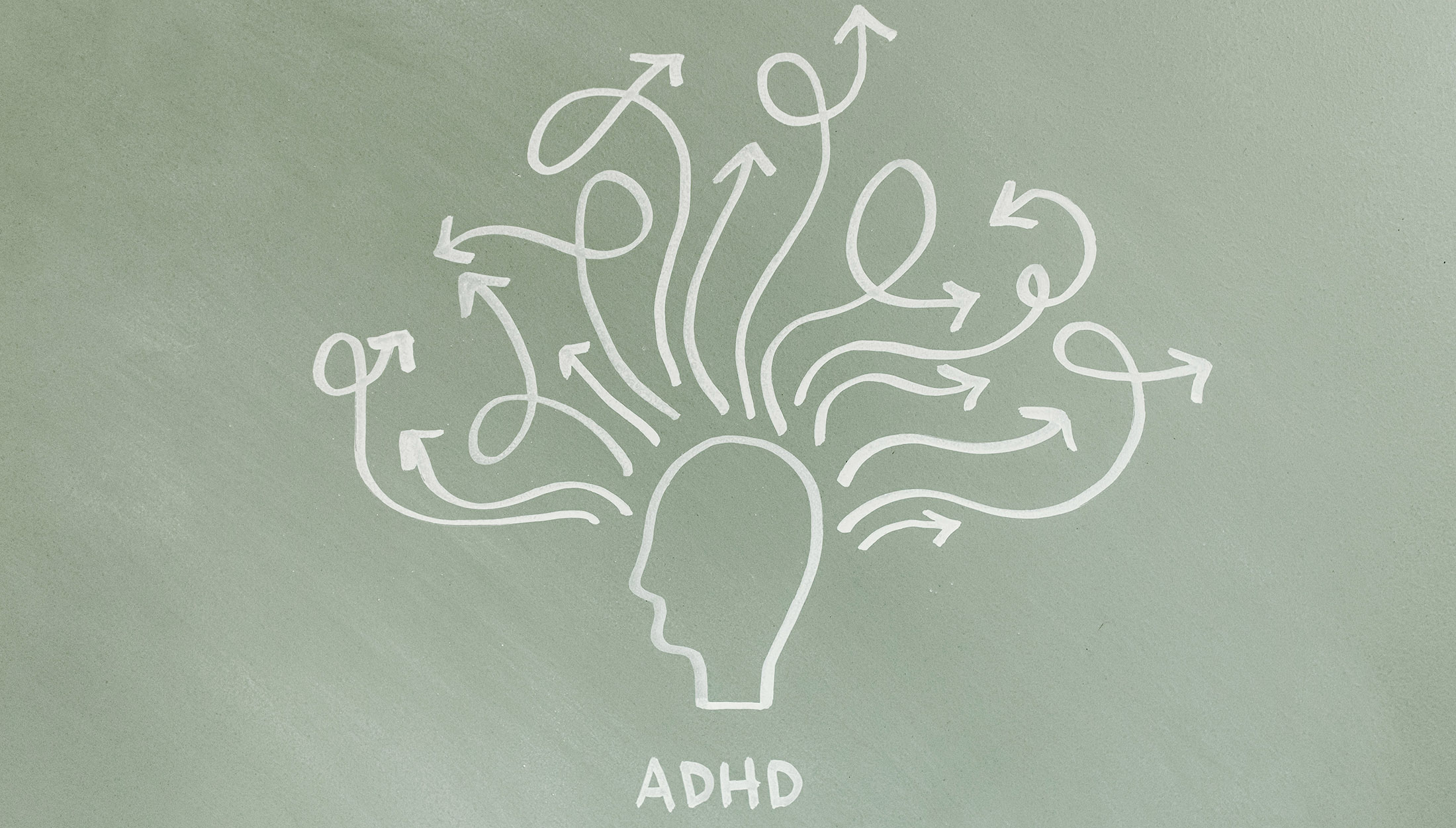 Sketch representation of ADHD. Arrows coming out of a drawing of a head and going in all different directions.